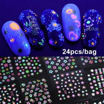 24 Бр. Светещи Цветни Пеперуди 3D Стикери за Нокти, Акрил Дизайн направи си САМ Цветя Слайдер Залепваща Стикер Свети в Тъмното Маникюр