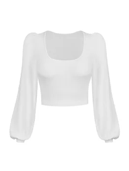 Дамски есенен френска тънка тениска 2019 година, Обикновена прозрачна Съкратен блузи с дълъг ръкав и U-образно деколте, разкриващ Пъпа