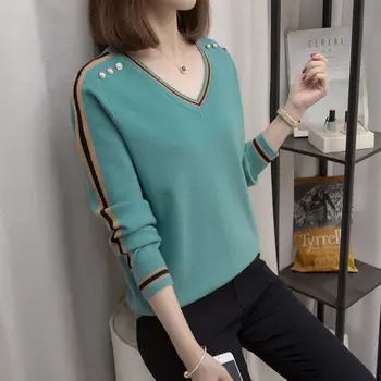 Офис дамски Популярна Проста Удобна Однотонная дамски дрехи с V-образно деколте 2022, Тънки Пуловери с дълги ръкави и копчета, ризи
