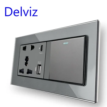 Стенен прекъсвач Delviz 16A, Интерфейс изход Type C, Интелигентна бързо зареждане на 18 W 4A, панел от кристално стъкло, Universal USB изход