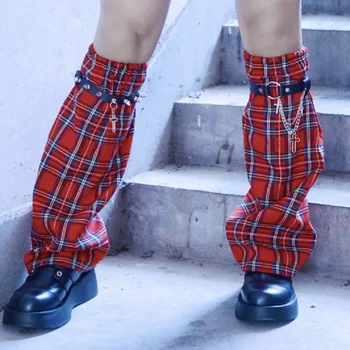 Японски Harajuku Обувки За Момичета Метални Нитове Кръст Верига Реколта Червено Каре Гамаши Чорапи За Момичета За Жени От Пънк Градинска Мода Футбо