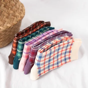 Удобни Дишащи Разноцветни Памучни Чорапи, Дамски Модни Каре Сладки Къси Чорапи За Момичета В Японски Стил харадзюку, Ежедневни Чорапи-Тръба