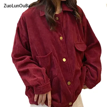 ZuoLunOuBa/Ново записване, есенно-зимно дамско яке, Вельветовый джоб, копчета, диво Свободно женско Палто, вино-червено дамски къс яке