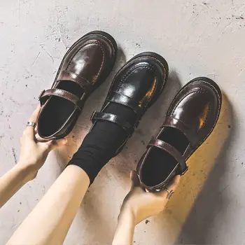 Lisapie/ 2021 г. Дамски единни обувки Mary Jane в японски стил реколта с кръгло бомбе кафява студентска Лятна есенна кожени обувки в стил Лолита