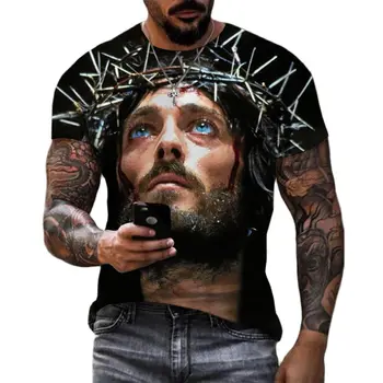 Мъжка тениска с 3D принтом Исус, лятна неофициално модна тениска с къс ръкав в стил Харадзюку с изглед към улицата, с отделна риза 6xl